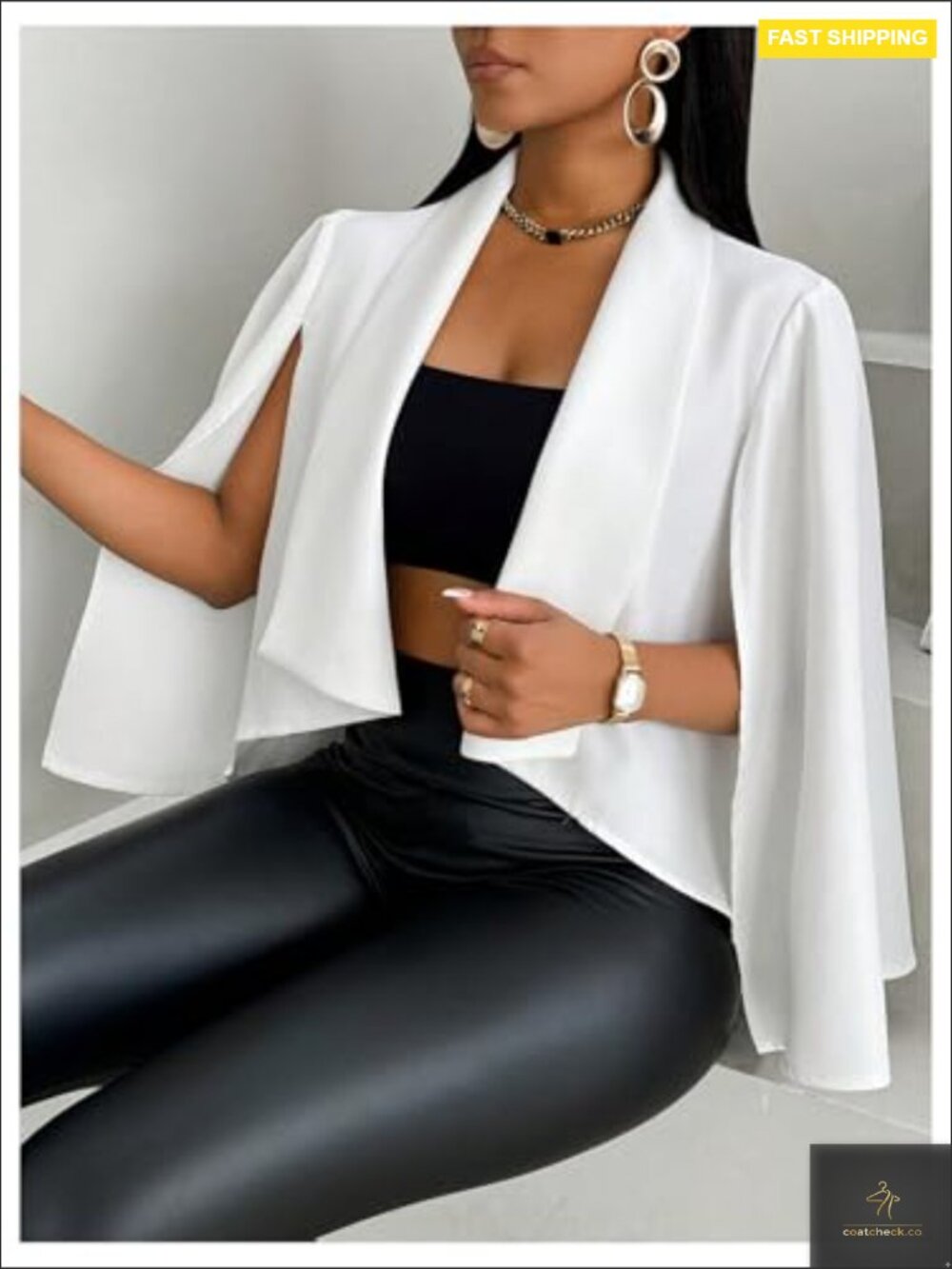 Cape Sleeve Cropped Blazer Elegant Slim Fit Open Front Lightweight Polyester - Picture 2 of 5